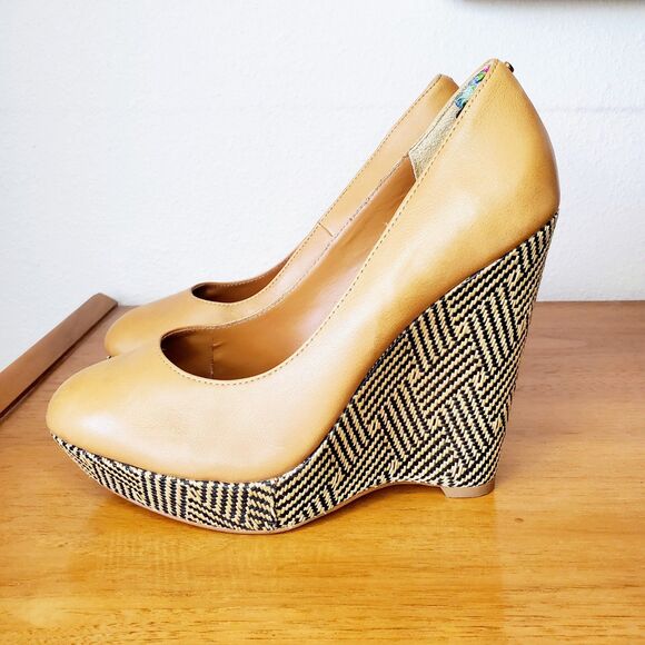 Ted Baker Brandeey Cognac Leather Round Toe Woven Raffia Wedge Heels Sz 9.5 - Picture 5 of 8